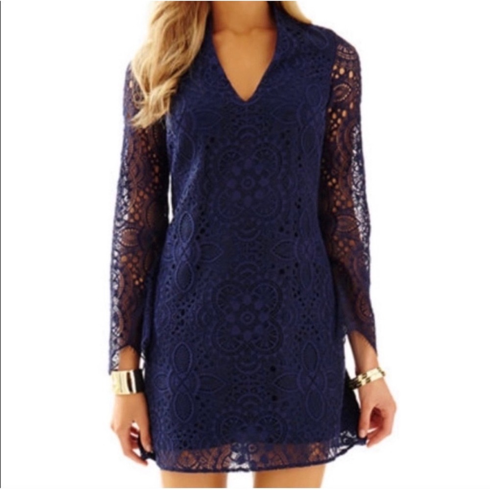 Lilly Pulitzer Navy Blue Lace V-Neck Shift Dress Long Sleeve Sz 10